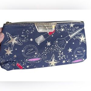 Estée Lauder Makeup Bag Cosmetic Pouch Navy Gold Star Lipstick Print Zip Clutch